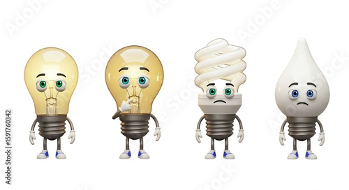 Cartoon lightbulbs in various stages of emotional display
