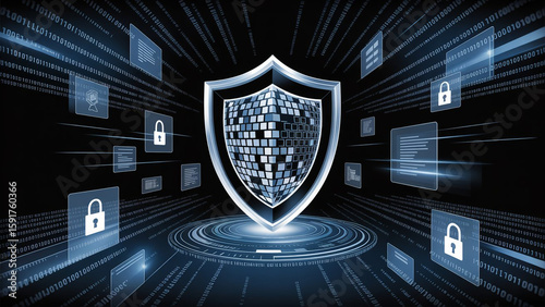 Digital shield with binary code and security icons