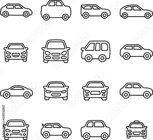 Hand-drawn Car Icon Vector Set – Sedan, SUV, and Vehicle Outline Symbols