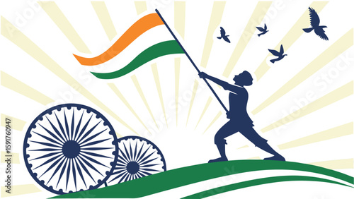 Person raising flag in sunrise style