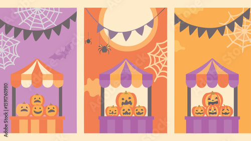 Three halloween themed booths with pumpkins, spiderwebs, and pennant banners displayed above them