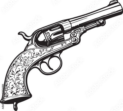 Vintage Revolver: A detailed, meticulously rendered illustration showcases a vintage revolver, highlighting its intricate design and historical significance.