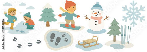Set of winter-themed paper cutout illustrations with children playing in snow, snowman, sled, skis, snowboard, snowflake, trees, and footprints – joyful seasonal design on transparent background.