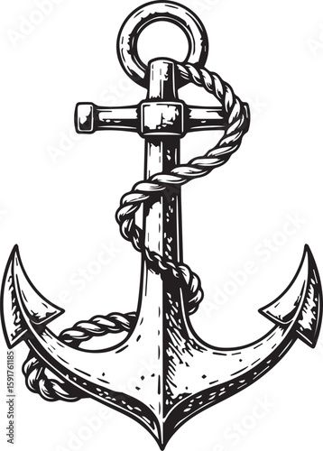 Sea Anchor: A detailed pen-and-ink illustration of a classic ship's anchor, featuring rope and detailed craftsmanship.