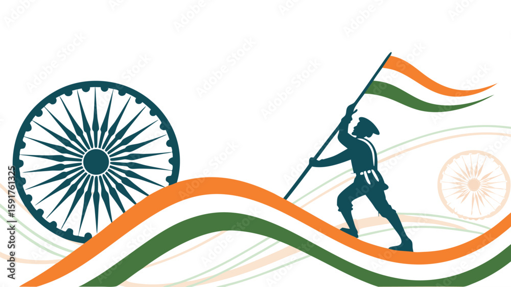 Fototapeta premium Silhouette figure holds waving flag with chakra for national celebration
