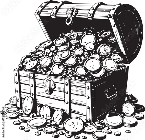 Treasure Chest Overflowing: A detailed illustration of a vintage treasure chest, overflowing with golden coins. It evokes a sense of adventure and the allure of hidden riches.