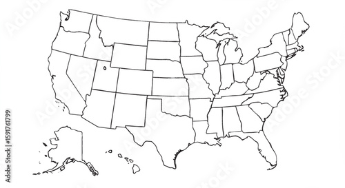 Hand-drawn outline map of the United States with
state borders, minimal black line sketch on white
background.