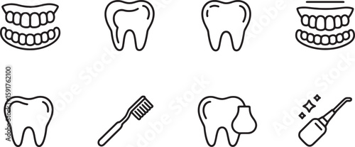 Dental Care Line Icons Set – Tooth, Brush, Denture and Oral Health Tools Vector Illustration