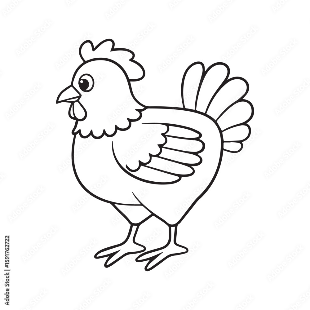 Fototapeta premium Cute hen coloring page for kids. Cartoon farm animal illustration. Black and white outline of a chicken for children's activity book.