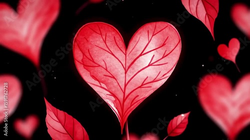Red hearts and leaves on a black background