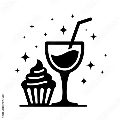 Stylized combo of wine cocktail glass and cupcake in outline style with sparkles - elegant dessert set for event or celebration concept