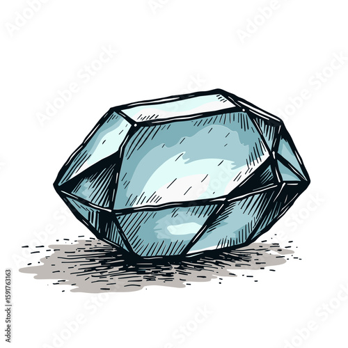 Shiny crystal gem in isometric sketch style with reflections - stylized gemstone icon for games illustrations or fantasy treasure