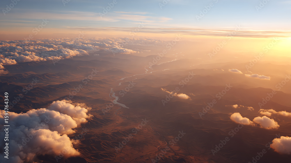 Obraz premium A breathtaking aerial view showcasing expansive mountains and soft clouds illuminated by a warm sunset glow.