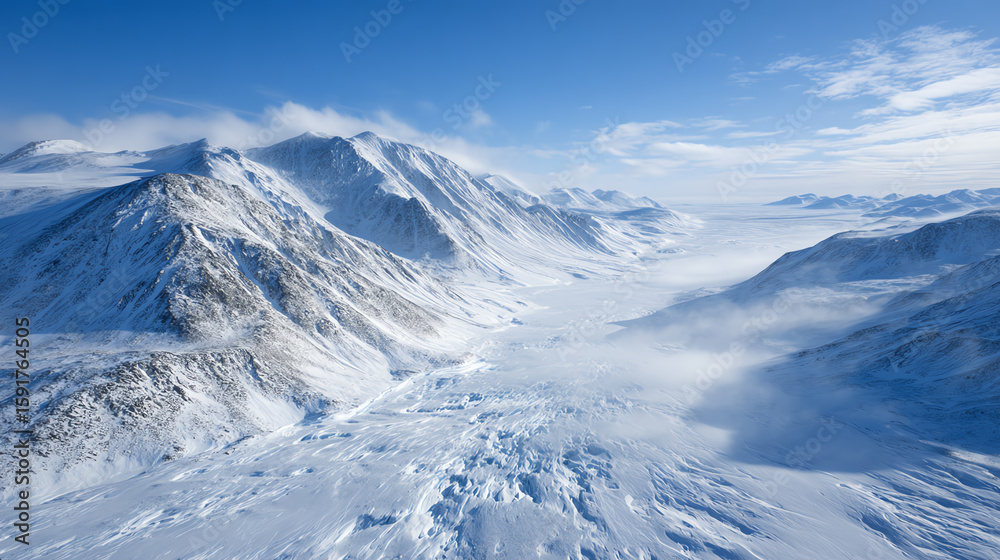 A breathtaking winter landscape showcasing majestic snow-covered mountains and a peaceful glacial valley under a clear blue sky. A breathtaking winter landscape showcasing majestic snow-covered mountains and a peaceful glacial valley under a clear blue sky.