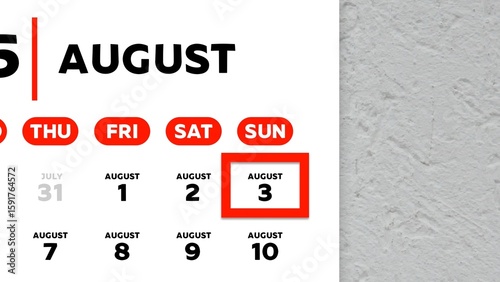 Bilde på lerret Close-up of the date August 3rd marked with a red cursor on the wall calendar 20