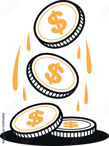 Falling Dollar Coins Vector – Hand-Drawn Money Symbol Illustration for Finance and Income Concepts
