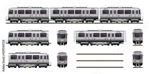 Passenger train realistic set highly detailed flat vector illustration of a set of railway tram model view from various angles vector set illustration