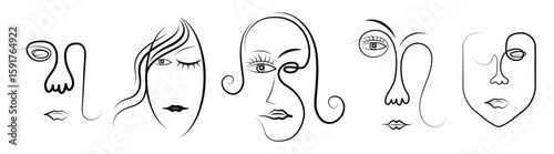 Set of abstract women faces - line drawing - vector illustration