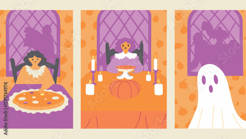 Three halloween scenes with a woman eating pie a person with a pumpkin and a ghost by the window pane