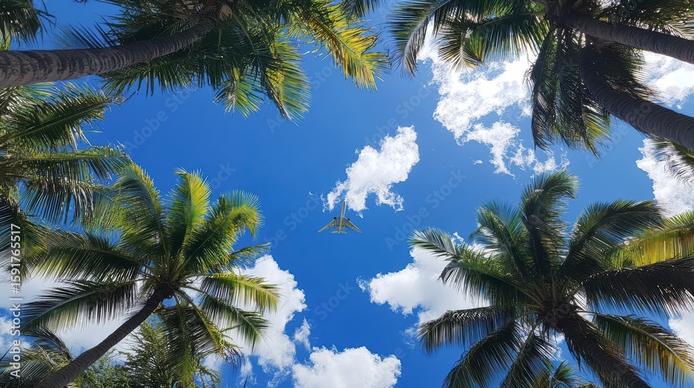 Fototapeta premium Low angle view of airplane flying over tropical palm trees and blue sky with clouds.