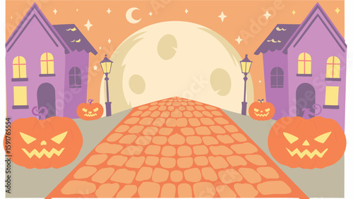 Halloween scene with pumpkins, houses, moon, stars, and a cobblestone road leading into the distance