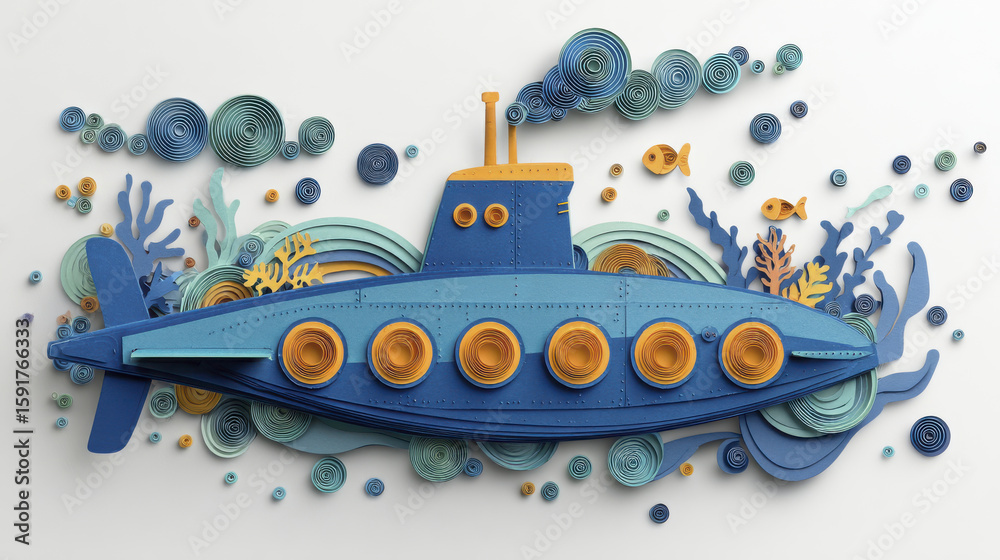 Obraz premium Paper cut illustration of blue submarine with orange portholes surrounded by underwater plants and fish, creating playful and creative ocean scene