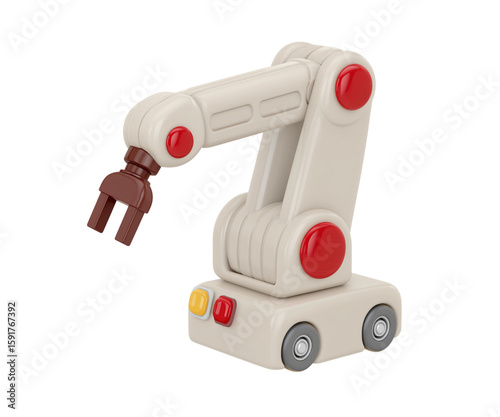 Toy robotic arm with colorful buttons and movable claw design