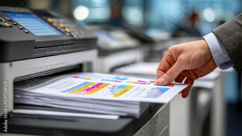 A person retrieves a colorful printed document from a multifunction office printer in a professional setting.