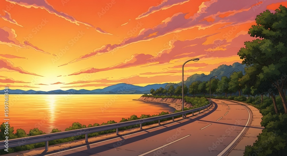 Fototapeta premium Retro Anime Lakeside Drive at Sunset: Scenic Road & Golden Sky