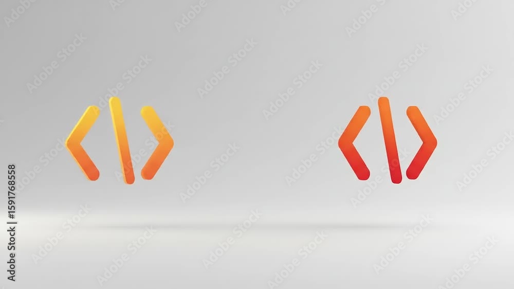 Abstract illustration featuring vibrant orange and yellow geometric shapes representing coding symbols
