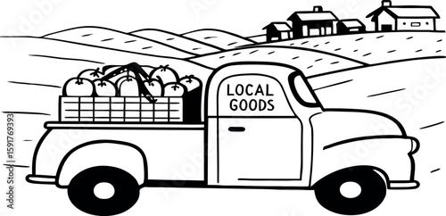 Local Produce Delivery Truck Vector – Black and White Rural Landscape with Farm Vehicle Carrying Fresh Goods from Countryside Fields Illustration