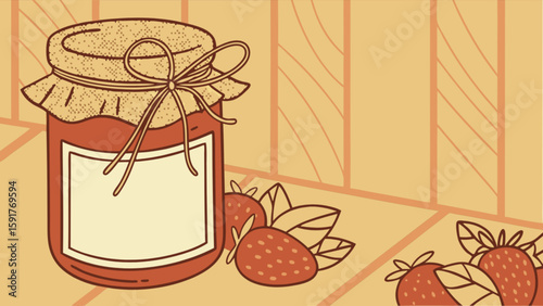 Strawberry jam jar with a tied burlap cover and strawberries on a wooden surface against a wall
