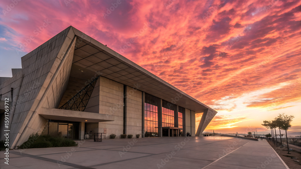 Modern Architectural Building at Sunset Overlooking the Ocean Modern Architectural Building at Sunset Overlooking the Ocean