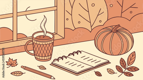 Autumnal scene featuring a mug, pumpkin, notebook, pencil, and leaves by a window with moonlight