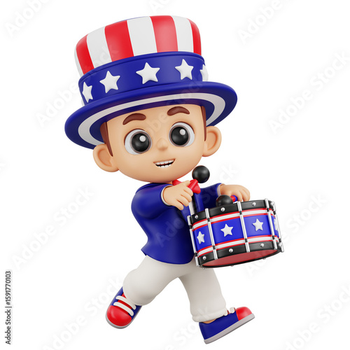 3D Illustration character Uncle Sam with Drum