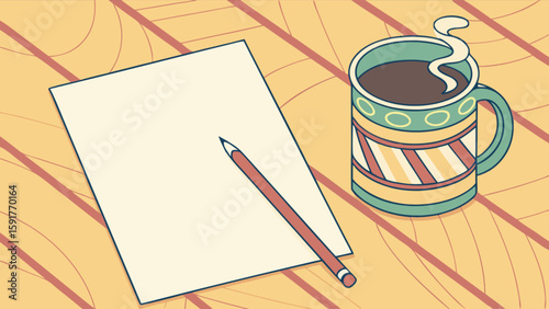 Illustration of a blank paper with a pencil and a steaming mug on a patterned surface top view