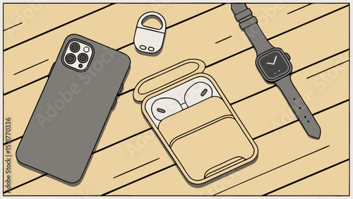 Illustration of a smartphone, wireless earbuds, smart watch, and airtag on a wooden surface