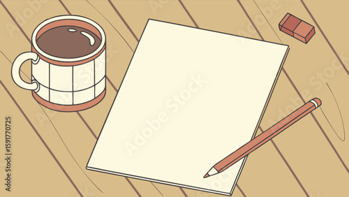 A blank paper sheet with a mug of coffee a pencil and eraser on a wooden table surface illustration