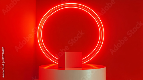 Dramatic red product display.  A sleek, red cube sits on a minimalist platform, illuminated by a vibrant neon circle. Perfect for showcasing cosmetics, jewelry, or tech products.