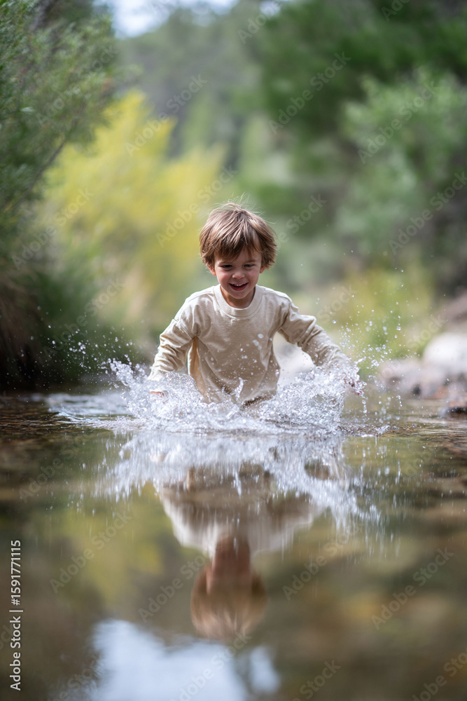 Fototapeta premium Joyful child splashes in a clear river, reflecting in the water. Capture childhood adventure, freedom, and natures beauty. Perfect for family, travel, and positive themes.