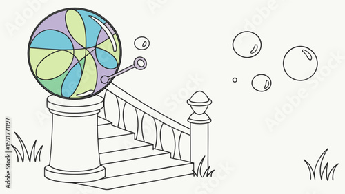Illustration of a bubble on a pedestal by stairs with bubbles floating in the air and grass around it