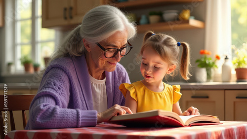 Grandmother reads a book with (granddaughter) at the table
