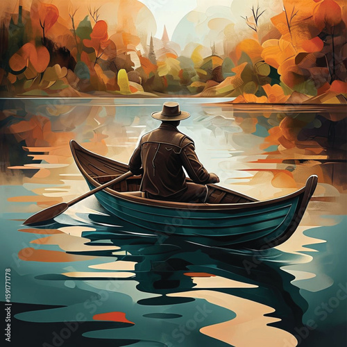 Man canoeing on tranquil lake surrounded by autumn foliage  