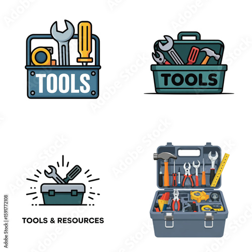 Toolboxes with various hand tools in different styles and colors  