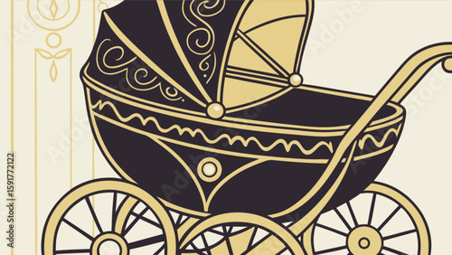 Illustration of a vintage baby carriage with ornate details in black and gold color palette design style
