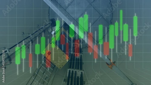 Opening view showing rig with parabolic dish while candlestick chart animating bars showing trend