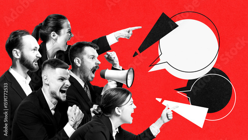 Slika na platnu Digital artwork of angry diverse protesters raising fists and shouting with speech bubbles on red background