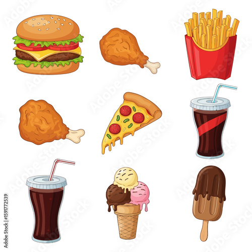 Cartoon Fast food Favorites clip art set vector illustration