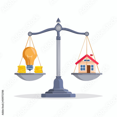 Scales balancing a lightbulb with coins against a house, representing value, investment, or financial decisions.