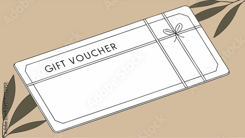 Gift voucher with bow and ribbon design surrounded by decorative leaves on a neutral background